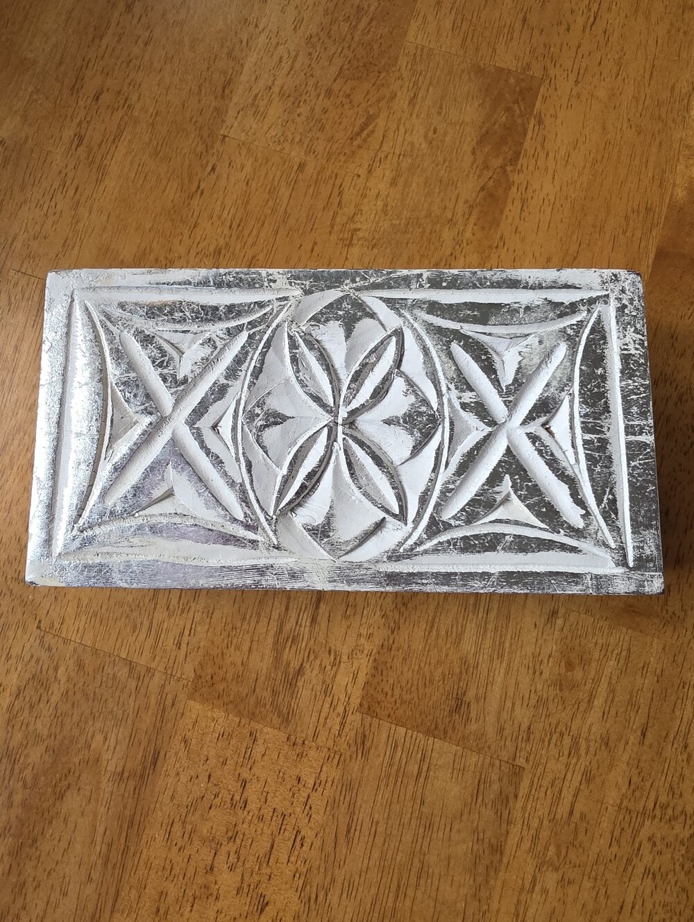 Hand-Carved Decorative Small Trinket Box with Distressed White & Silver Finish